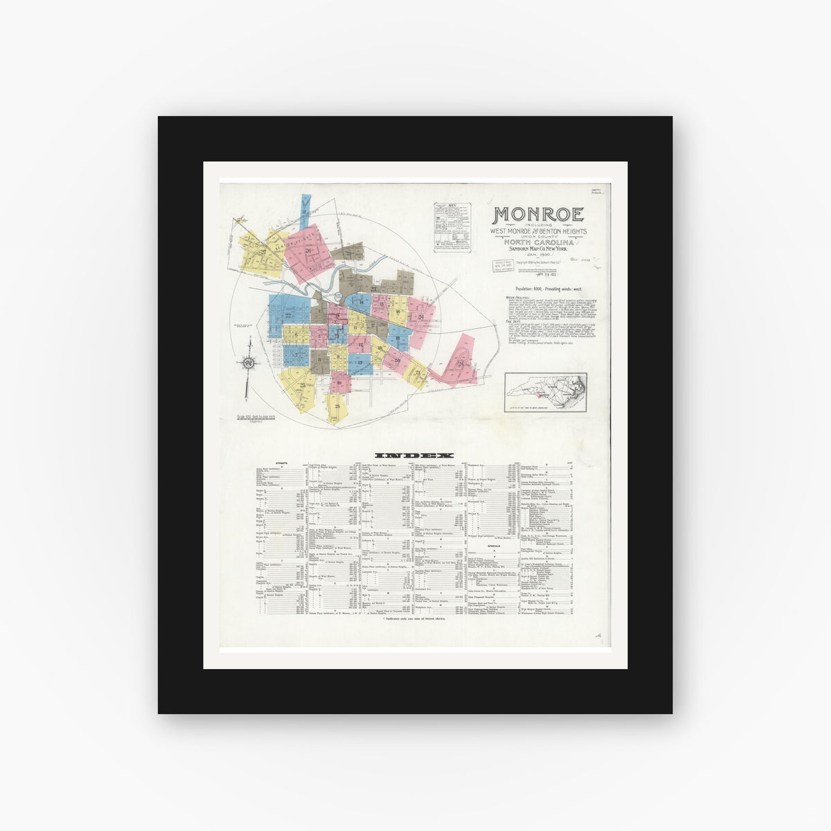 Old map wall art mockup — black gallery frame with white mat — Sanborn Fire Insurance Map from Monroe, Union County, North Carolina (1930), Sheet #0001