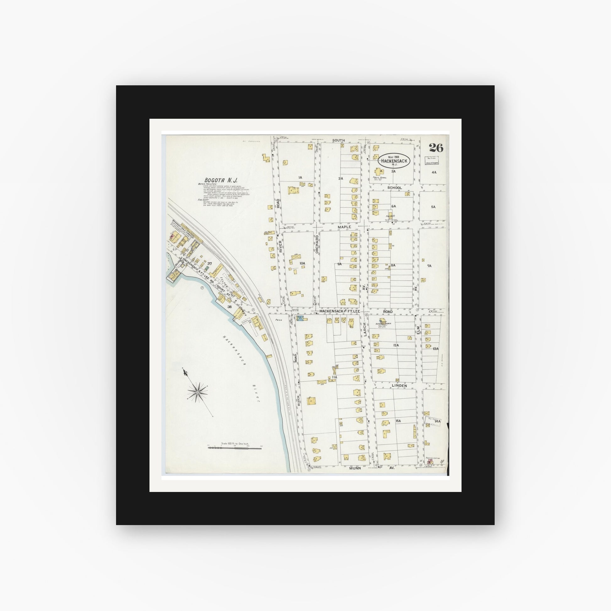 Old map wall art mockup — black gallery frame with white mat — Sanborn Fire Insurance Map from Hackensack, Bergen County, New Jersey (1908), Sheet #0026