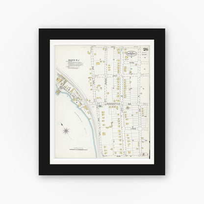 Old map wall art mockup — black gallery frame with white mat — Sanborn Fire Insurance Map from Hackensack, Bergen County, New Jersey (1908), Sheet #0026