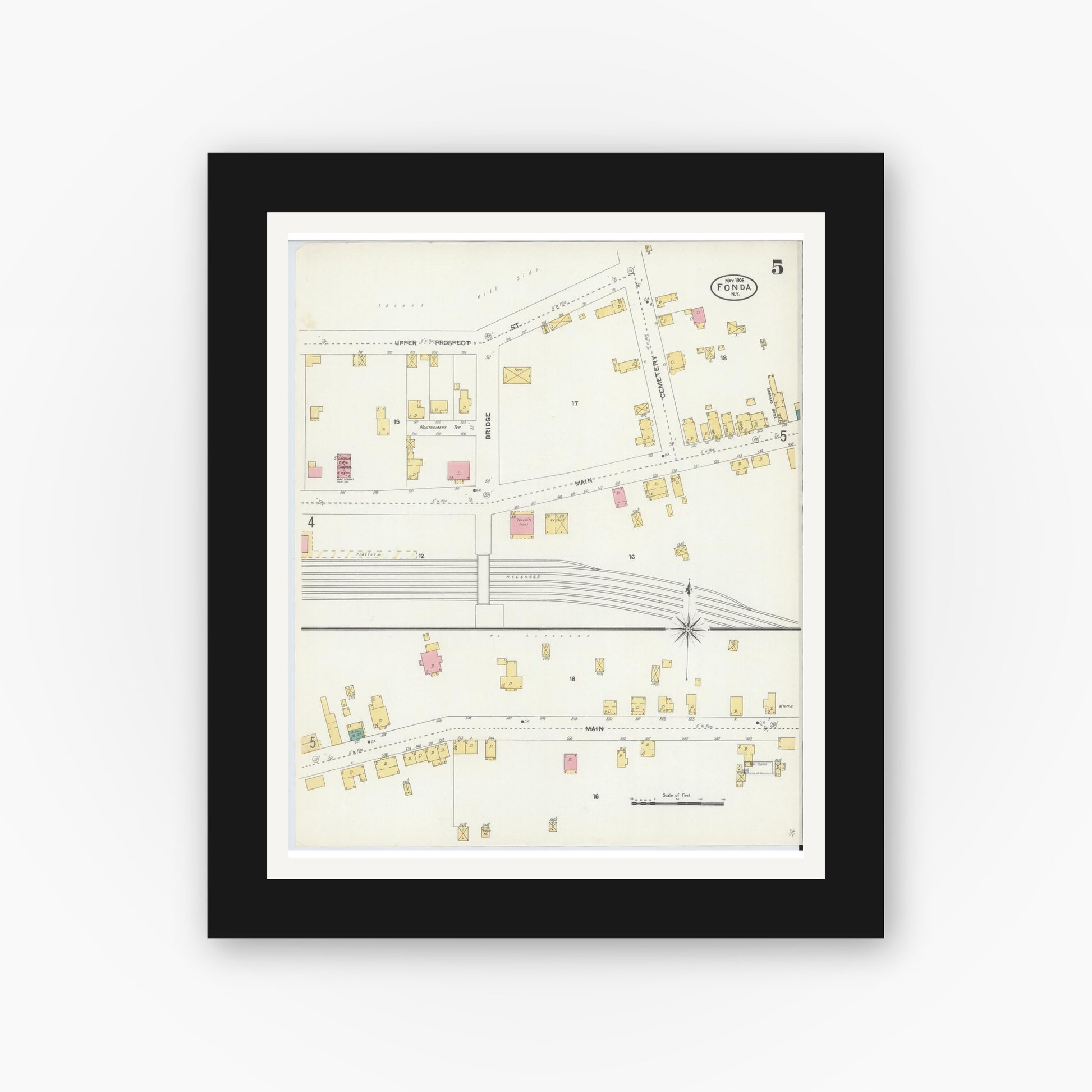 Old map wall art mockup — black gallery frame with white mat — Sanborn Fire Insurance Map from Fonda, Montgomery County, New York (1906), Sheet #0005
