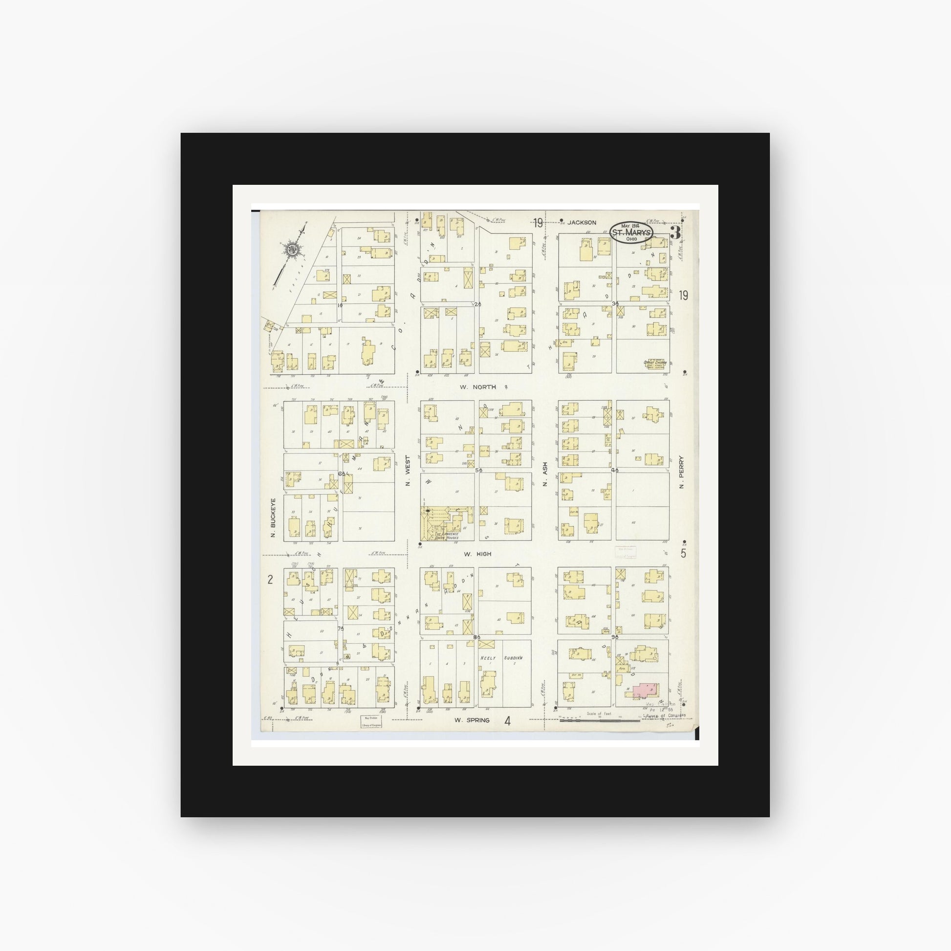 Old map wall art mockup — black gallery frame with white mat — Sanborn Fire Insurance Map from Saint Marys, Auglaize County, Ohio (1914), Sheet #0003
