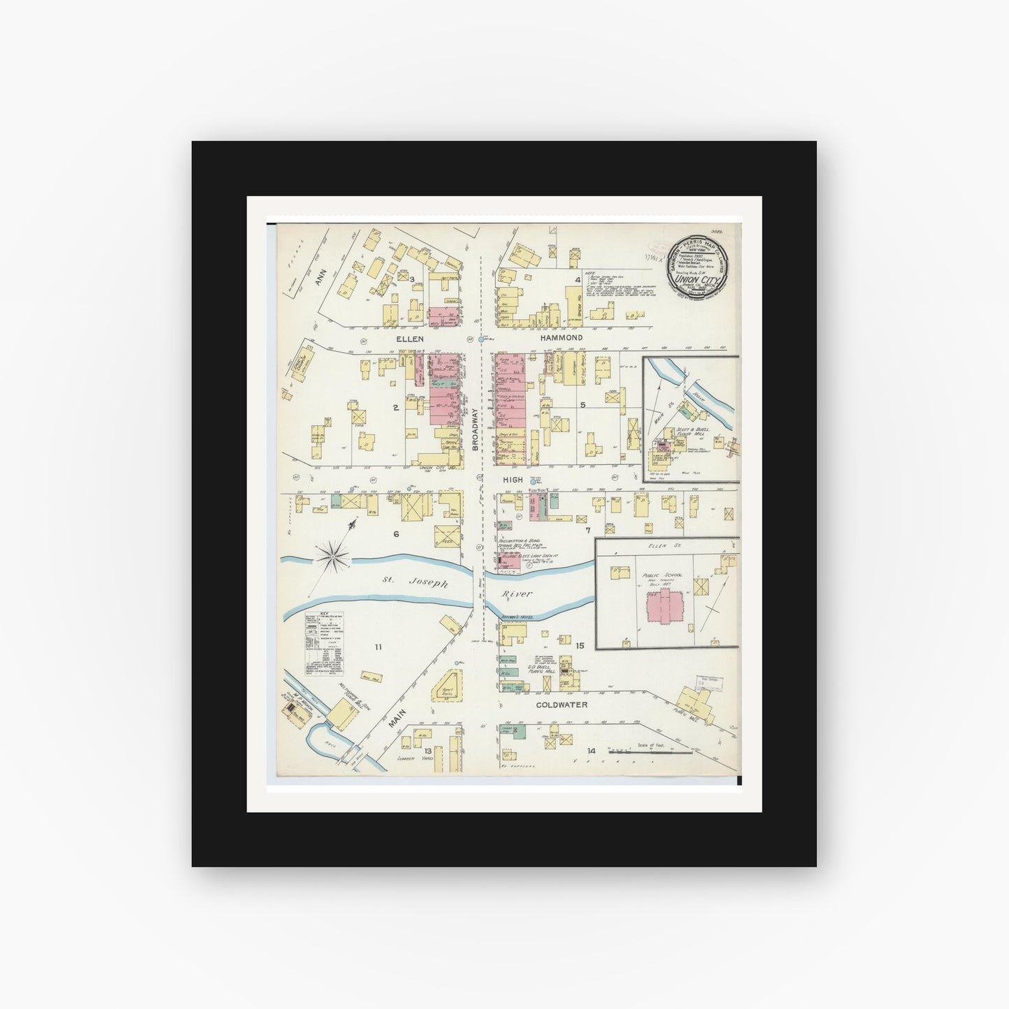 Old map wall art mockup — black gallery frame with white mat — Sanborn Fire Insurance Map from Union City, Branch And Calhoun Counties, Michigan (1892), Sheet #0001
