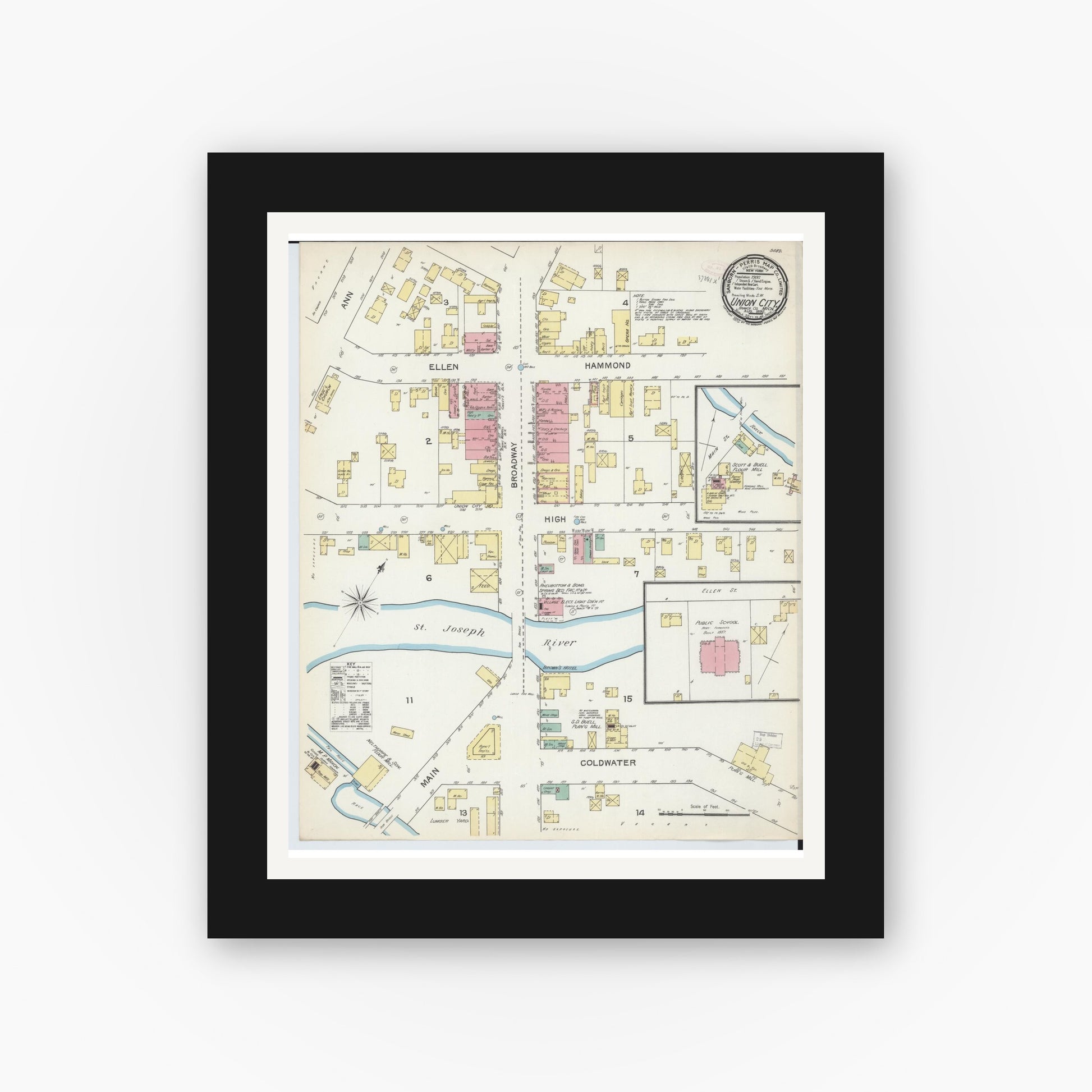 Old map wall art mockup — black gallery frame with white mat — Sanborn Fire Insurance Map from Union City, Branch And Calhoun Counties, Michigan (1892), Sheet #0001