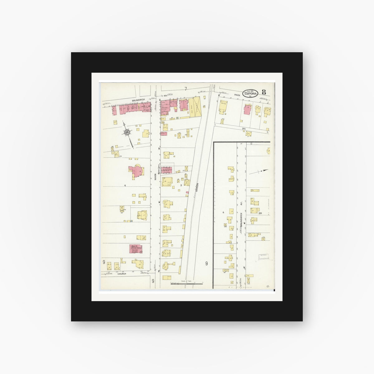 Old map wall art mockup — black gallery frame with white mat — Sanborn Fire Insurance Map from Emporia, Independent Cities, Virginia (1913), Sheet #0008