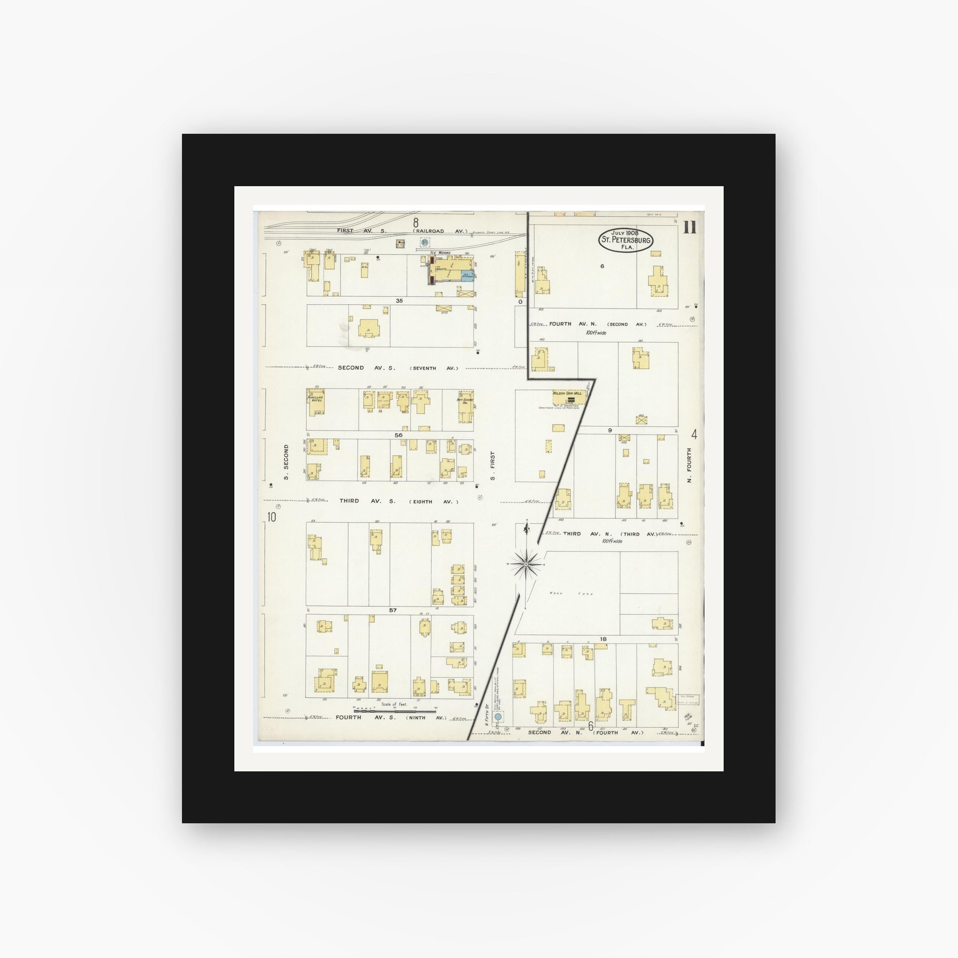 Old map wall art mockup — black gallery frame with white mat — Sanborn Fire Insurance Map from Saint Petersburg, Pinellas County, Florida (1908), Sheet #0011