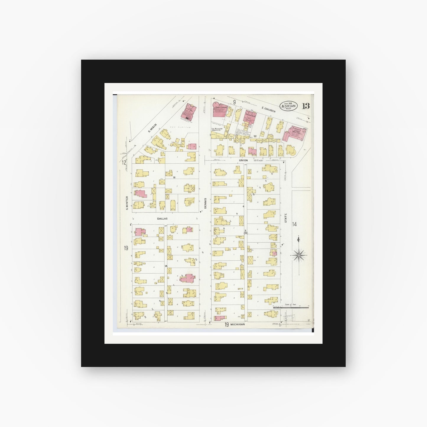 Old map wall art mockup — black gallery frame with white mat — Sanborn Fire Insurance Map from Adrian, Lenawee County, Michigan (1908), Sheet #0013