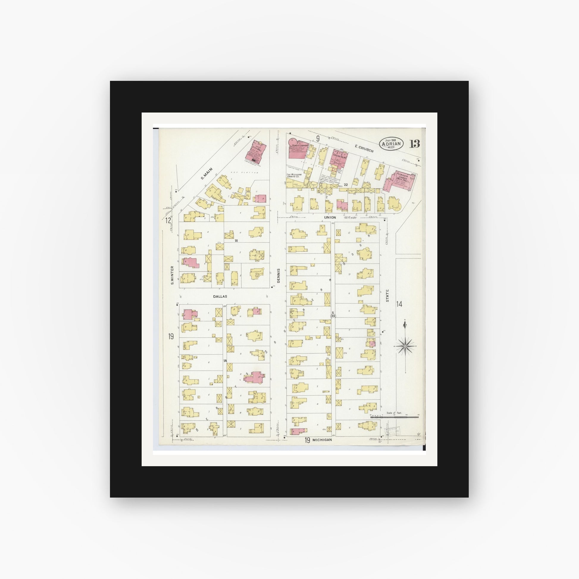 Old map wall art mockup — black gallery frame with white mat — Sanborn Fire Insurance Map from Adrian, Lenawee County, Michigan (1908), Sheet #0013
