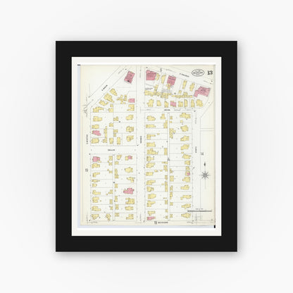 Old map wall art mockup — black gallery frame with white mat — Sanborn Fire Insurance Map from Adrian, Lenawee County, Michigan (1908), Sheet #0013