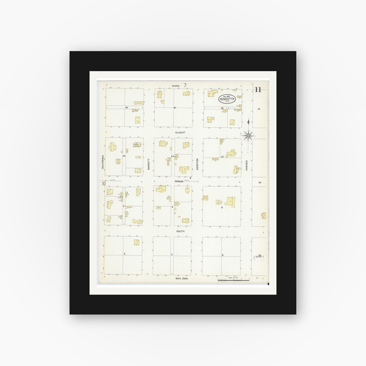 Old map wall art mockup — black gallery frame with white mat — Sanborn Fire Insurance Map from Henrietta, Clay County, Texas (1907), Sheet #0011