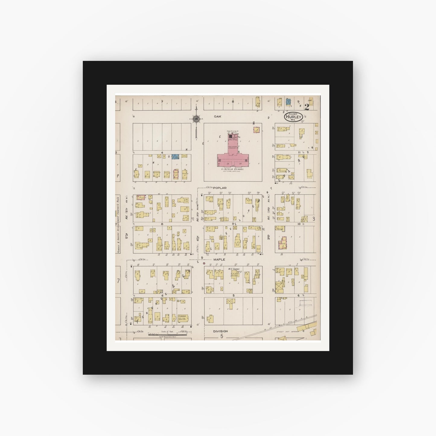 Old map wall art mockup — black gallery frame with white mat — Sanborn Fire Insurance Map from Hurley, Iron County, Wisconsin (1922), Sheet #0002