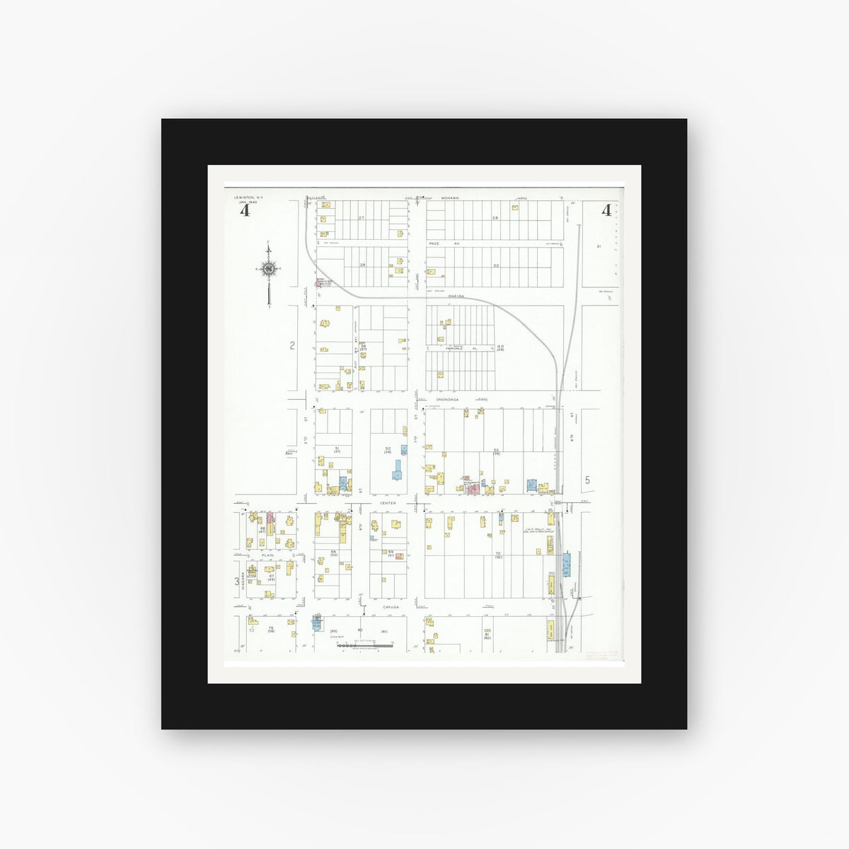 Old map wall art mockup — black gallery frame with white mat — Sanborn Fire Insurance Map from Lewiston, Niagara County, New York (1940), Sheet #0004