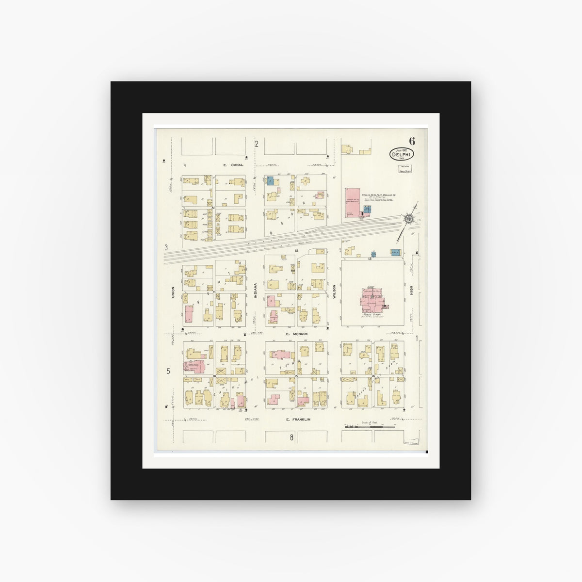 Old map wall art mockup — black gallery frame with white mat — Sanborn Fire Insurance Map from Delphi, Carroll County, Indiana (1912), Sheet #0006
