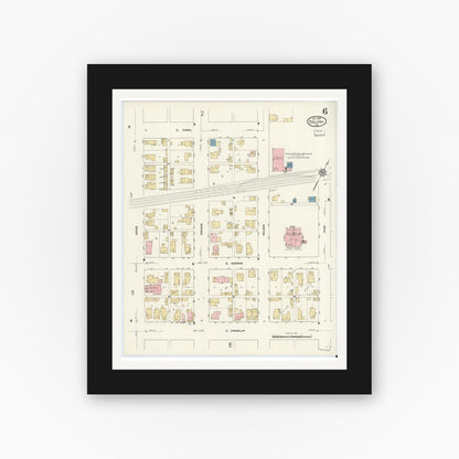 Old map wall art mockup — black gallery frame with white mat — Sanborn Fire Insurance Map from Delphi, Carroll County, Indiana (1912), Sheet #0006