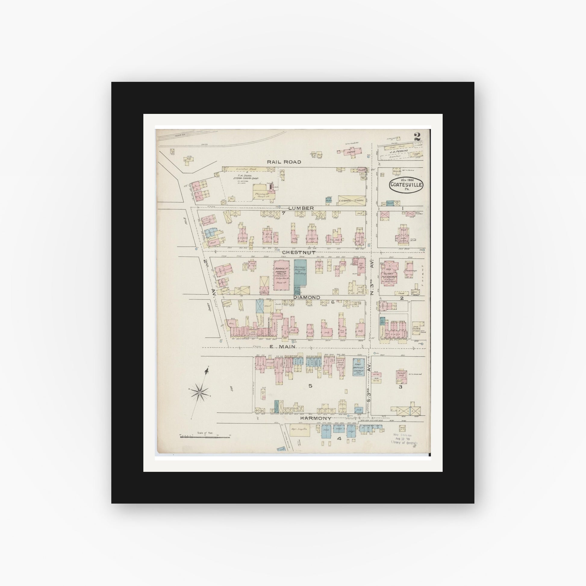 Old map wall art mockup — black gallery frame with white mat — Sanborn Fire Insurance Map from Coatesville, Chester County, Pennsylvania (1886), Sheet #0002