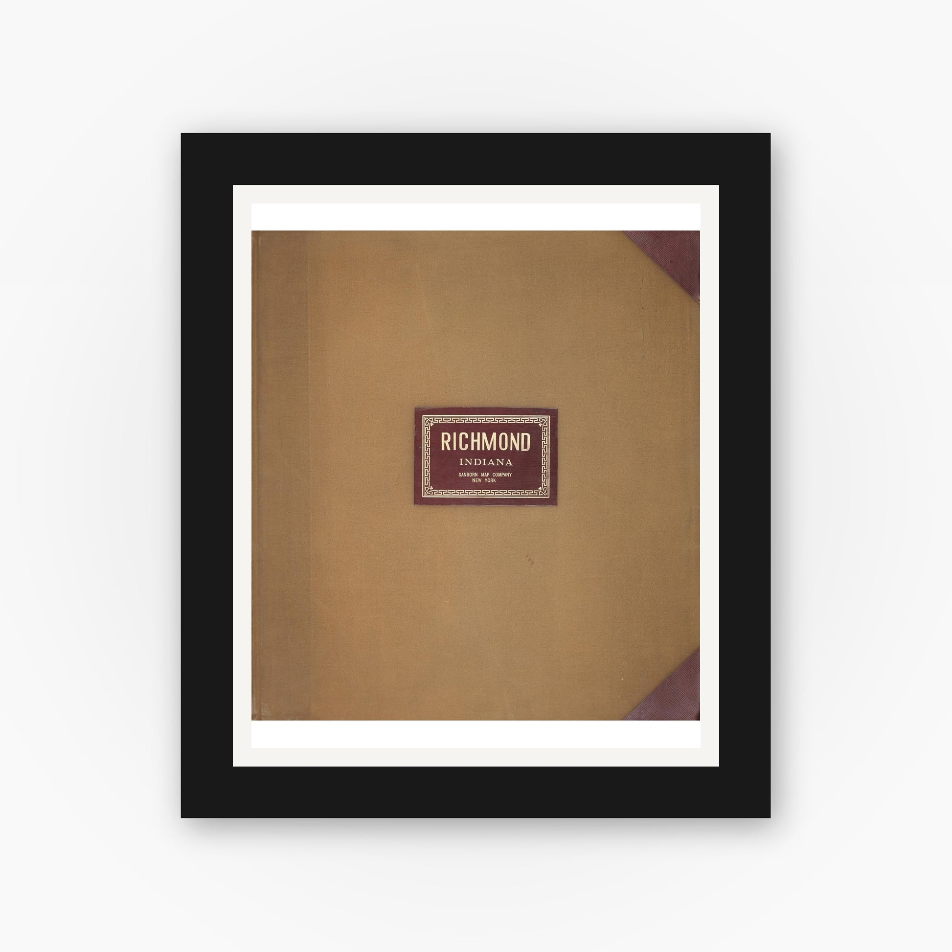 Old map wall art mockup — black gallery frame with white mat — Sanborn Fire Insurance Map from Richmond, Wayne County, Indiana (1950), Sheet #0001