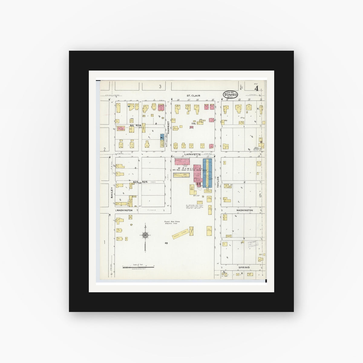 Old map wall art mockup — black gallery frame with white mat — Sanborn Fire Insurance Map from Romeo, Macomb County, Michigan (1921), Sheet #0004