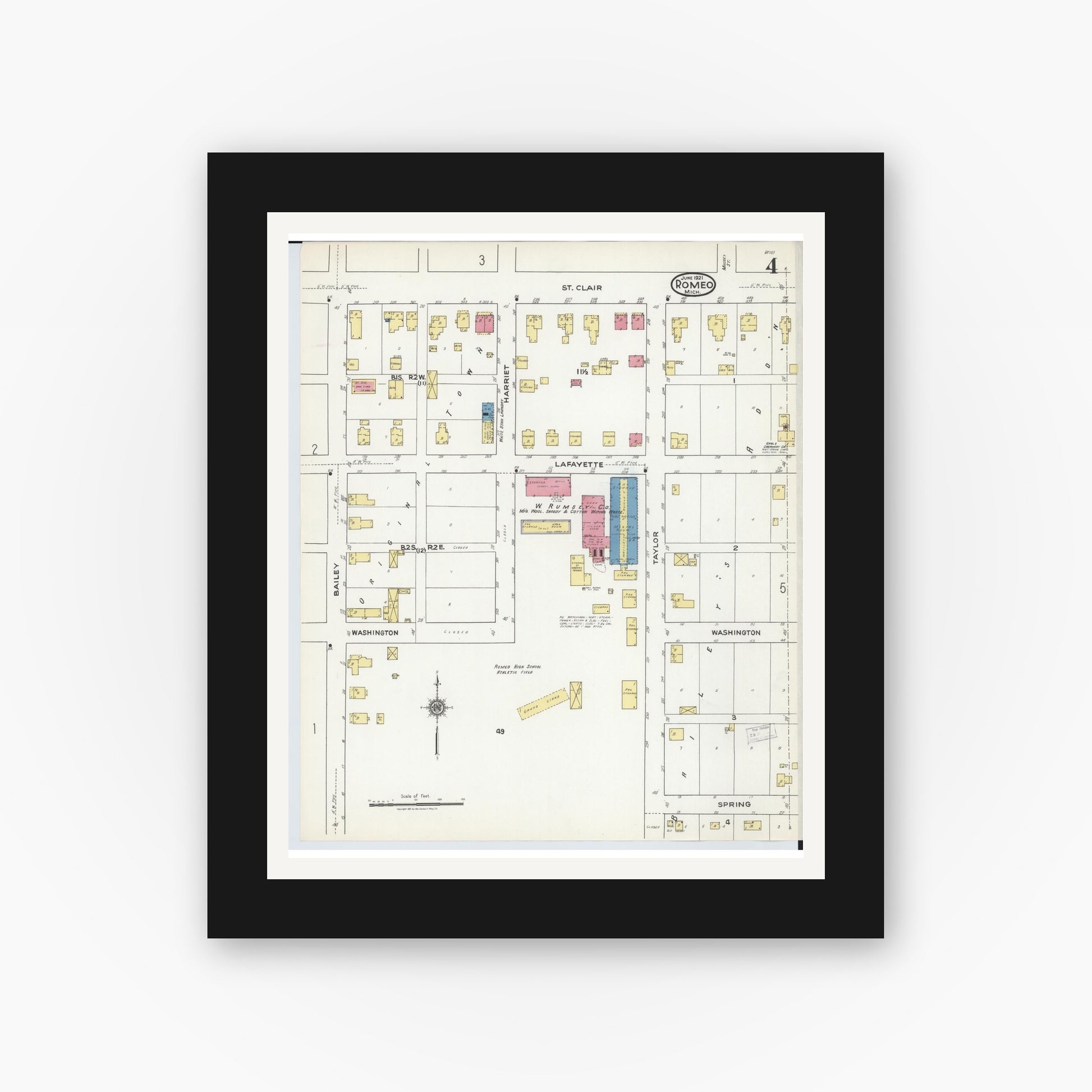 Old map wall art mockup — black gallery frame with white mat — Sanborn Fire Insurance Map from Romeo, Macomb County, Michigan (1921), Sheet #0004