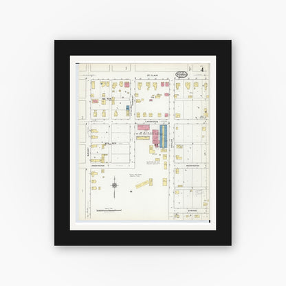 Old map wall art mockup — black gallery frame with white mat — Sanborn Fire Insurance Map from Romeo, Macomb County, Michigan (1921), Sheet #0004