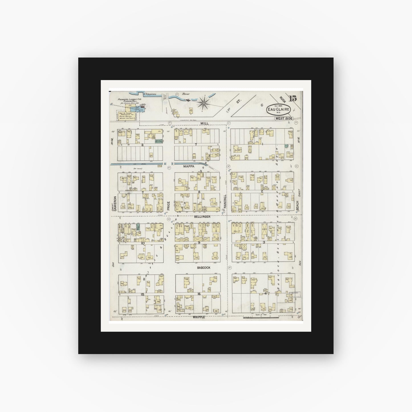 Old map wall art mockup — black gallery frame with white mat — Sanborn Fire Insurance Map from Eau Claire, Eau Claire County, Wisconsin (1889), Sheet #0015
