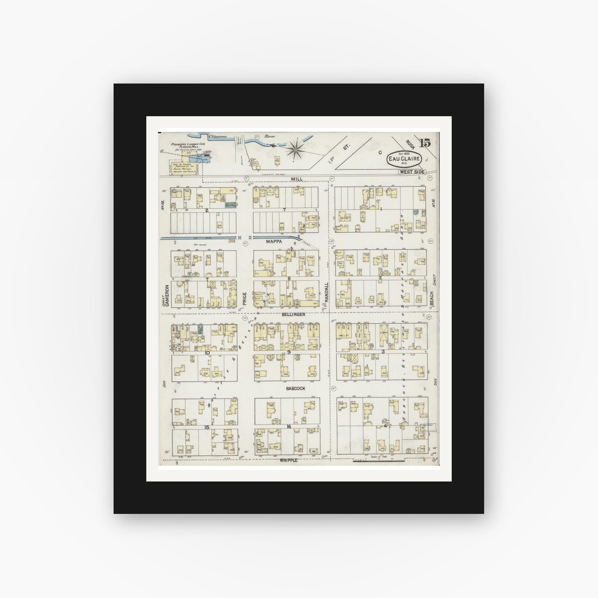 Old map wall art mockup — black gallery frame with white mat — Sanborn Fire Insurance Map from Eau Claire, Eau Claire County, Wisconsin (1889), Sheet #0015