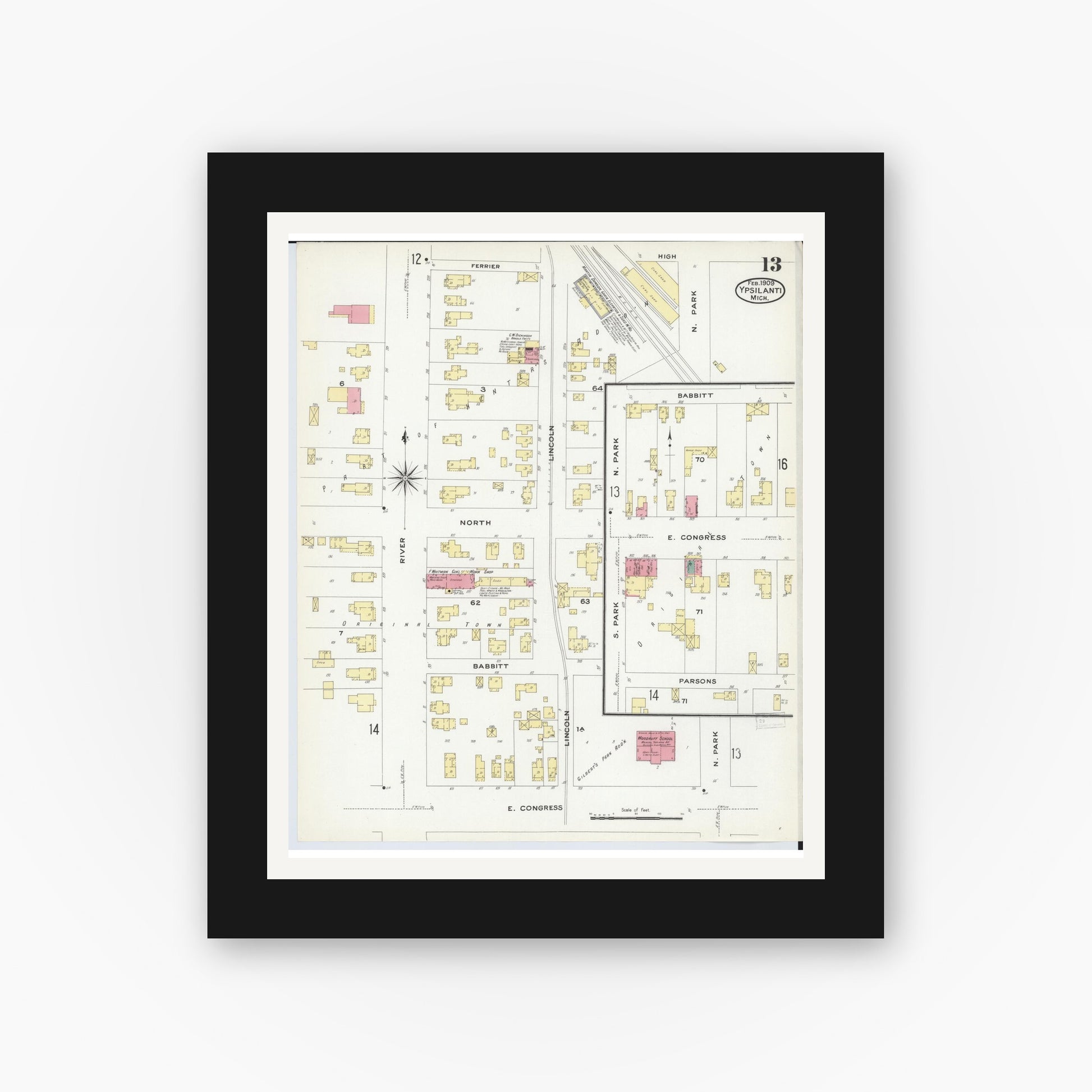 Old map wall art mockup — black gallery frame with white mat — Sanborn Fire Insurance Map from Ypsilanti, Washtenaw County, Michigan (1909), Sheet #0013