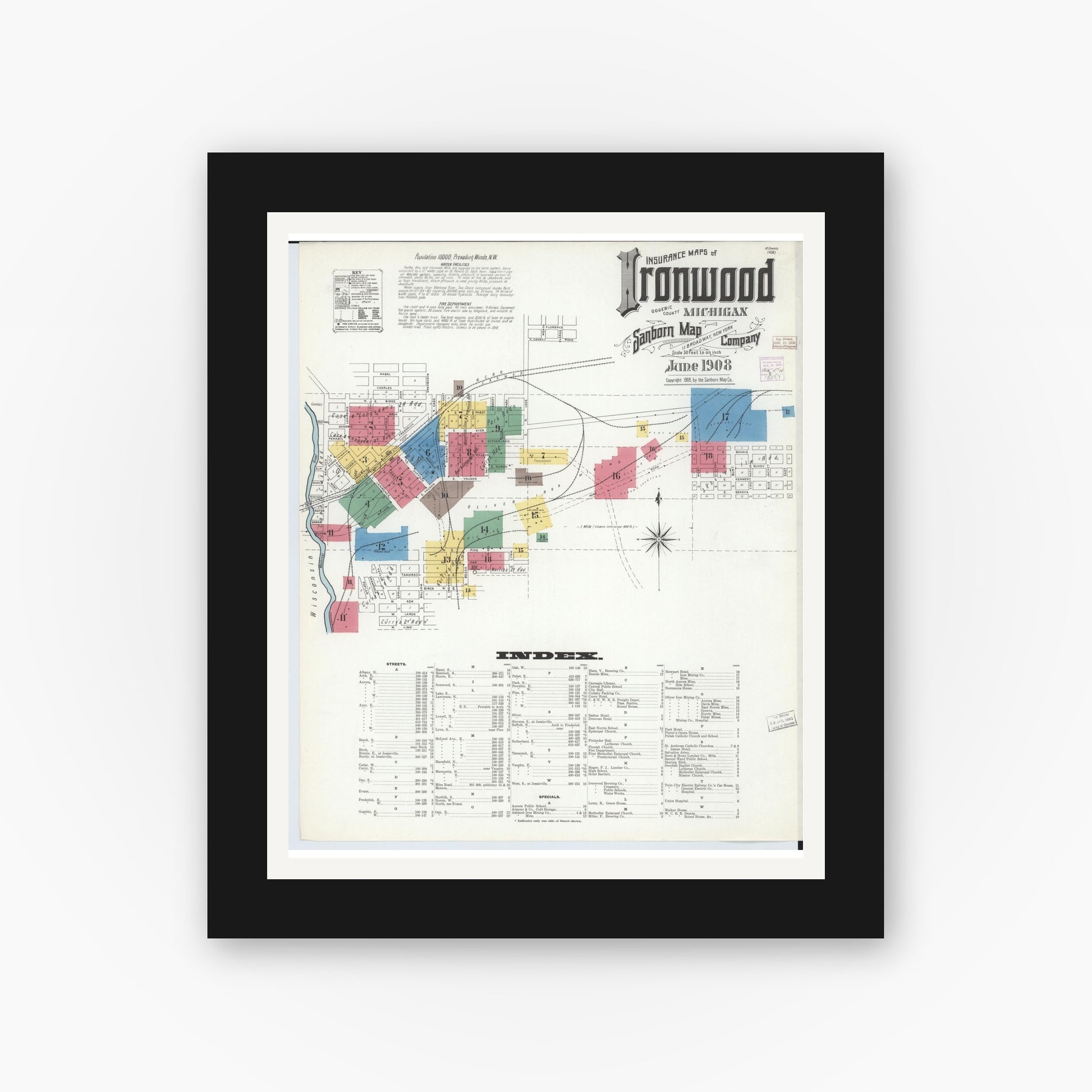 Old map wall art mockup — black gallery frame with white mat — Sanborn Fire Insurance Map from Ironwood, Gogebic County, Michigan (1908), Sheet #0001