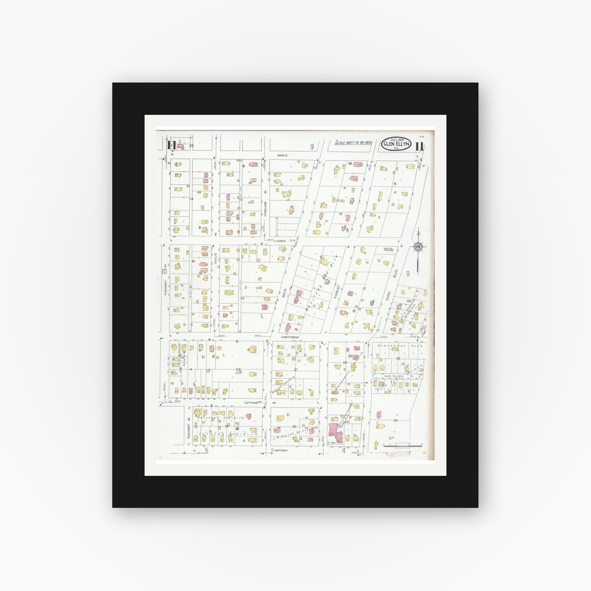 Old map wall art mockup — black gallery frame with white mat — Sanborn Fire Insurance Map from Glen Ellyn, Du Page County, Illinois (1929), Sheet #0011