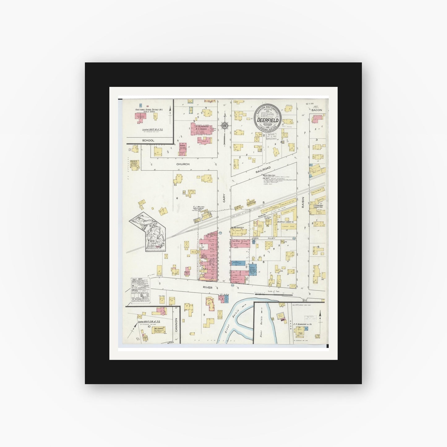 Old map wall art mockup — black gallery frame with white mat — Sanborn Fire Insurance Map from Deerfield, Lenawee County, Michigan (1916), Sheet #0001