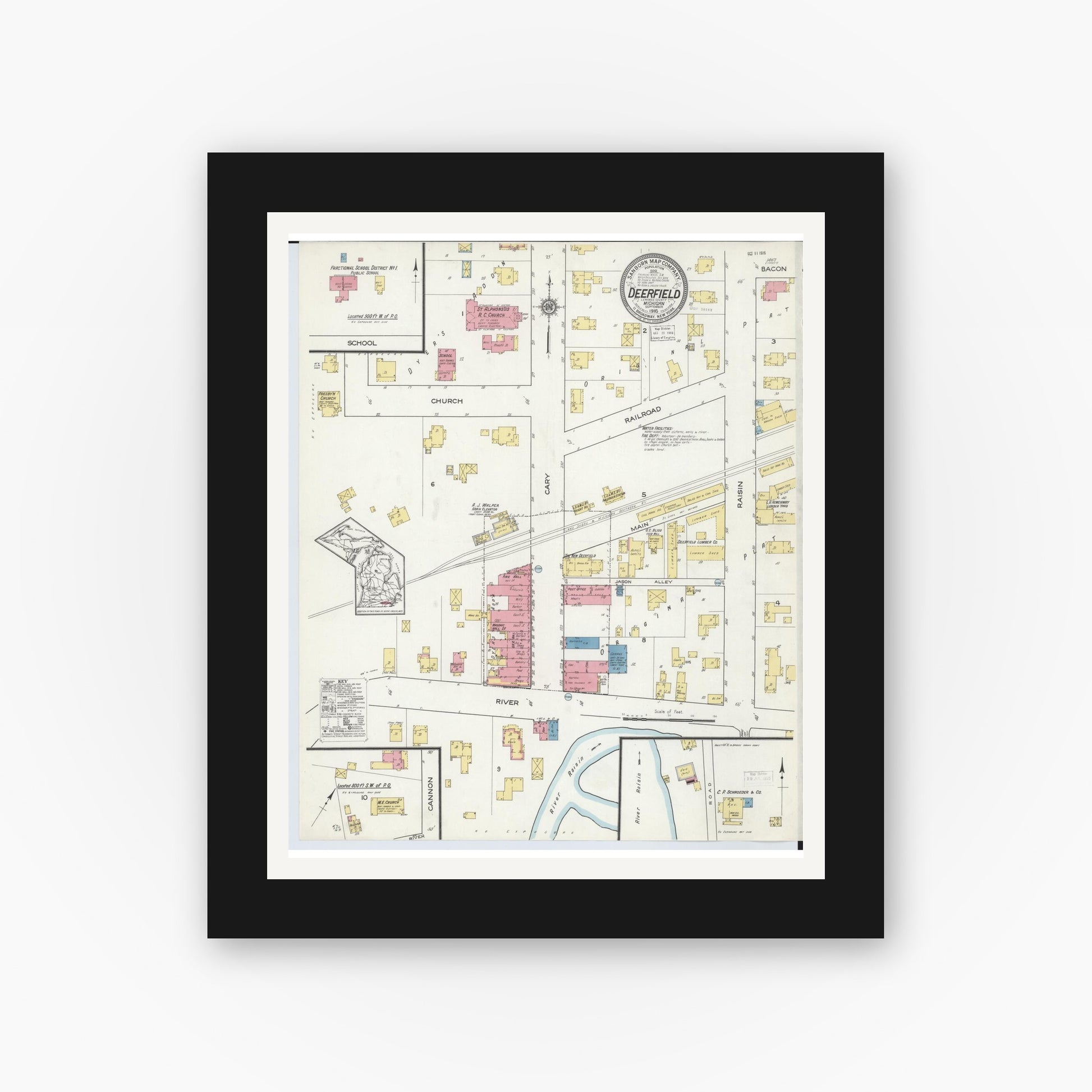 Old map wall art mockup — black gallery frame with white mat — Sanborn Fire Insurance Map from Deerfield, Lenawee County, Michigan (1916), Sheet #0001