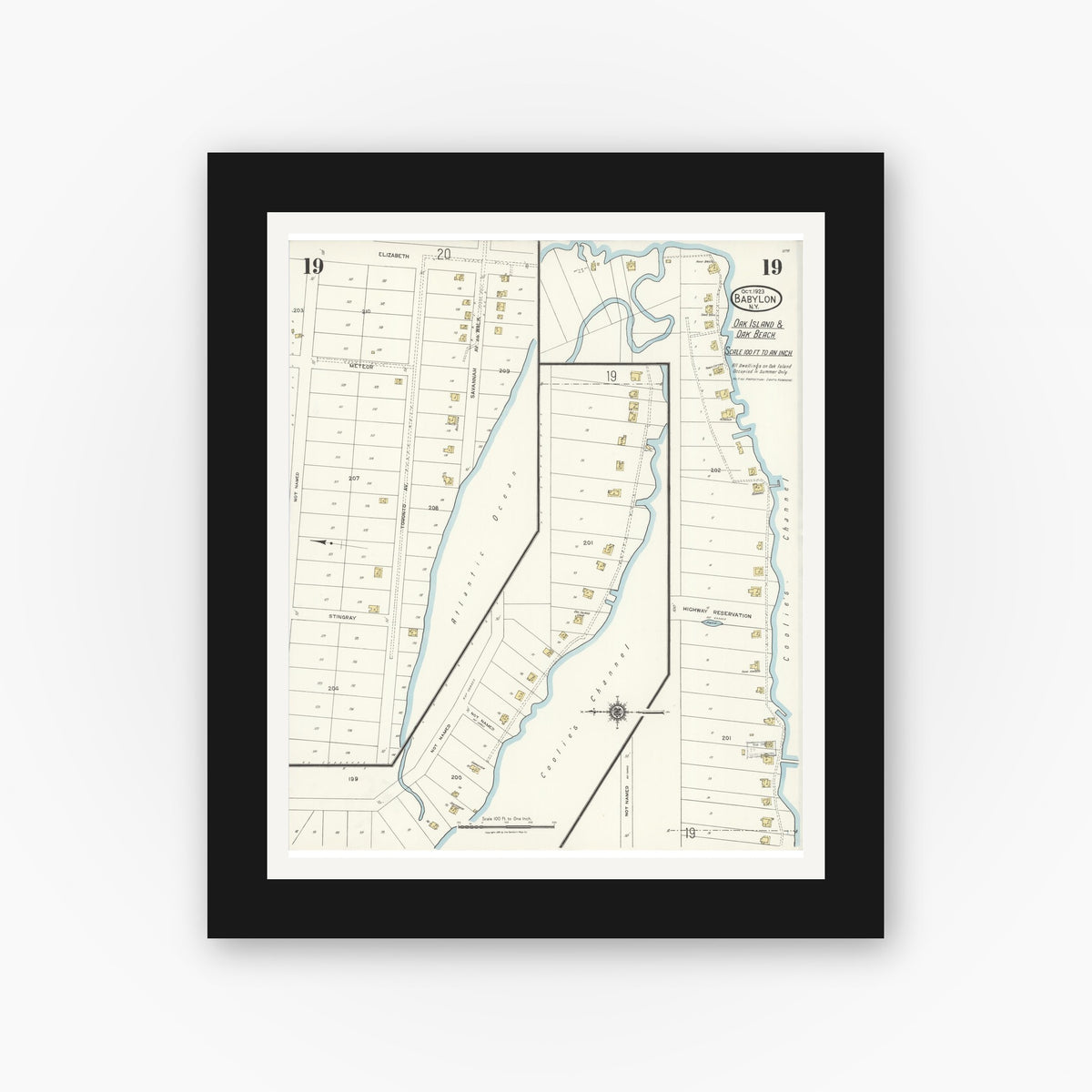 Old map wall art mockup — black gallery frame with white mat — Sanborn Fire Insurance Map from Babylon, Suffolk County, New York (1923), Sheet #0019