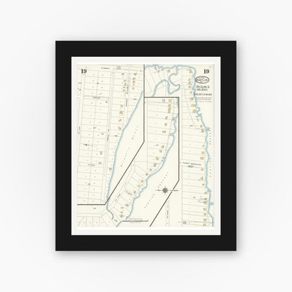 Old map wall art mockup — black gallery frame with white mat — Sanborn Fire Insurance Map from Babylon, Suffolk County, New York (1923), Sheet #0019