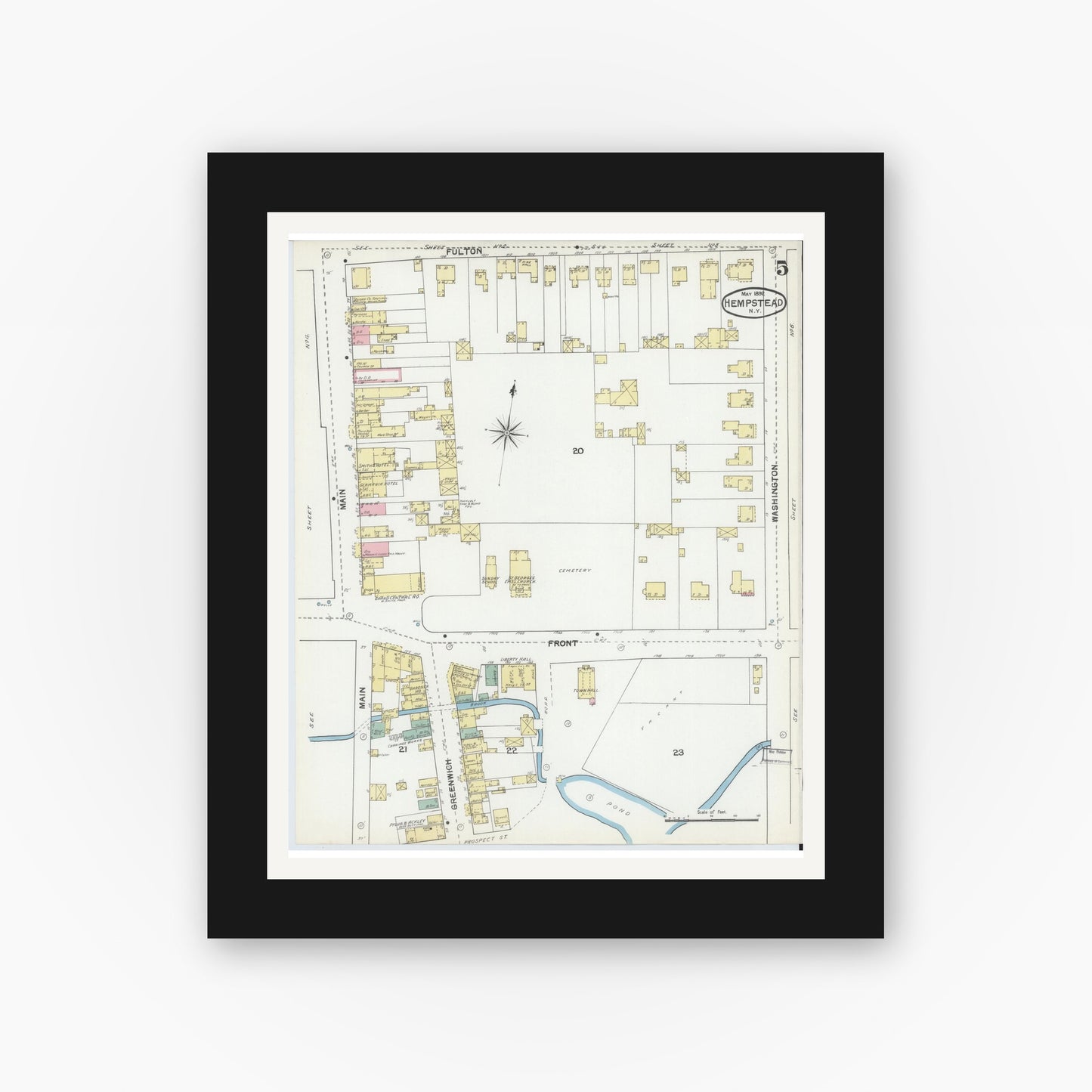 Old map wall art mockup — black gallery frame with white mat — Sanborn Fire Insurance Map from Hempstead, Nassau County, New York (1892), Sheet #0005