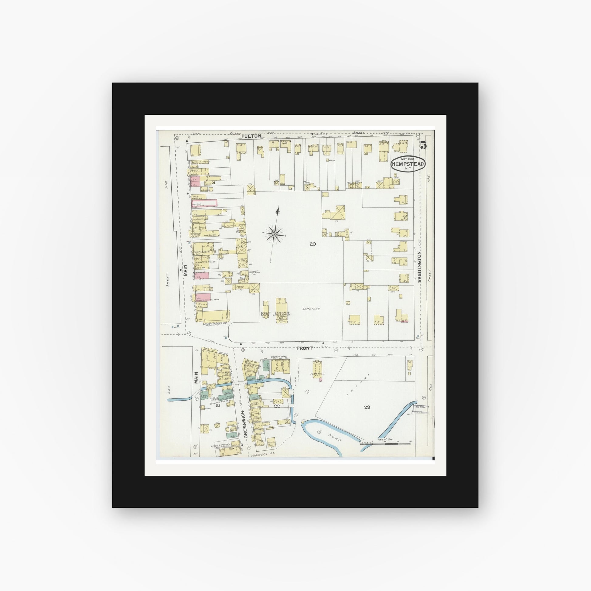 Old map wall art mockup — black gallery frame with white mat — Sanborn Fire Insurance Map from Hempstead, Nassau County, New York (1892), Sheet #0005
