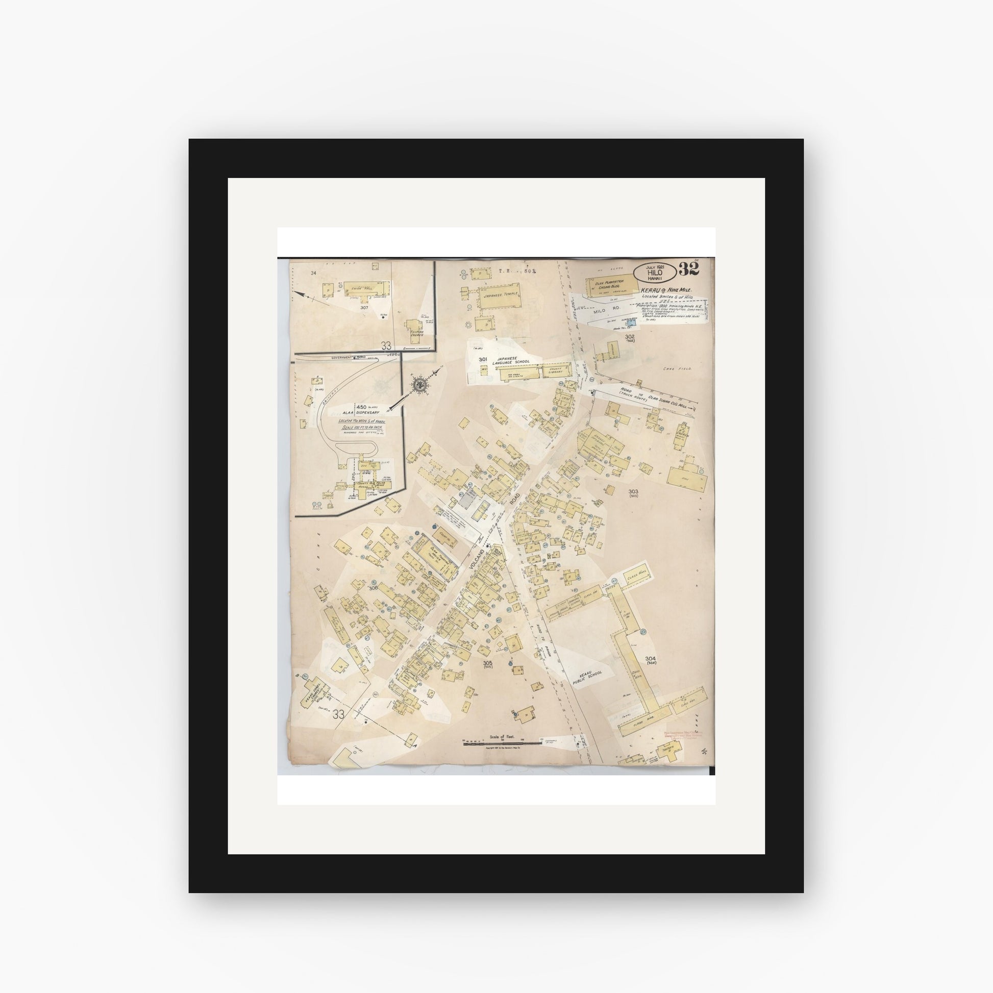 Old map wall art mockup — black gallery frame with white mat — Sanborn Fire Insurance Map from Hilo, Hawaii County, Hawaii (1957), Sheet #0032