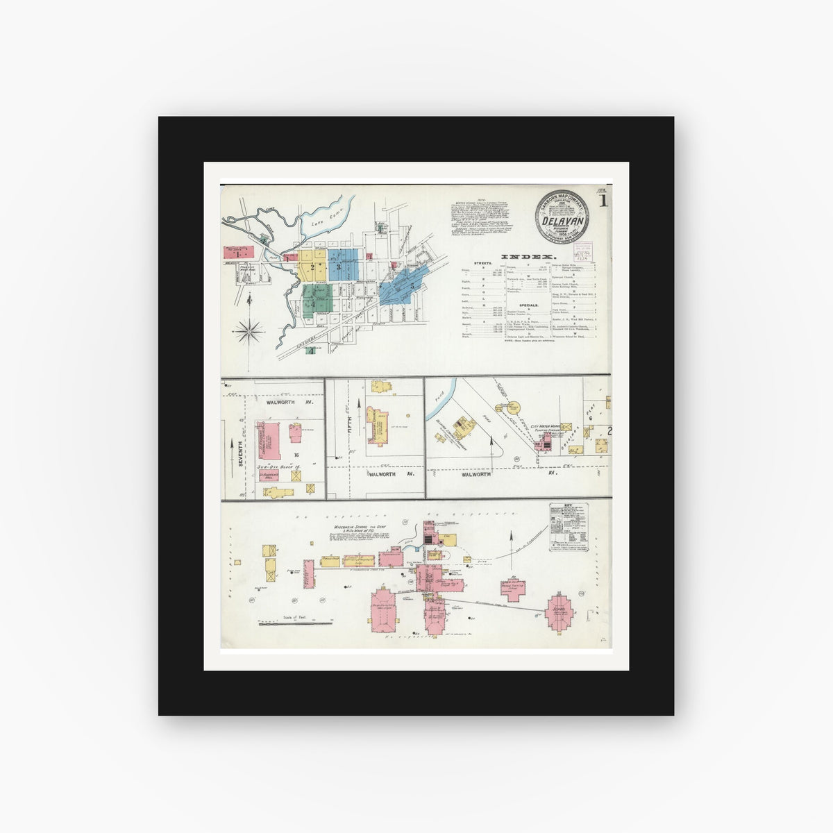 Old map wall art mockup — black gallery frame with white mat — Sanborn Fire Insurance Map from Delavan, Walworth County, Wisconsin (1904), Sheet #0001