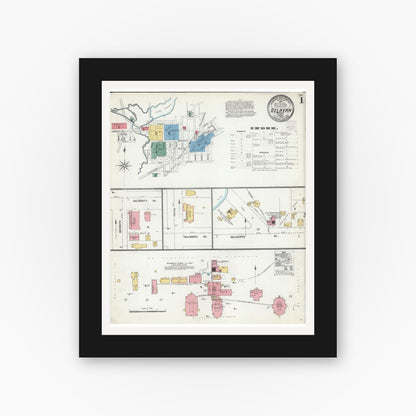 Old map wall art mockup — black gallery frame with white mat — Sanborn Fire Insurance Map from Delavan, Walworth County, Wisconsin (1904), Sheet #0001