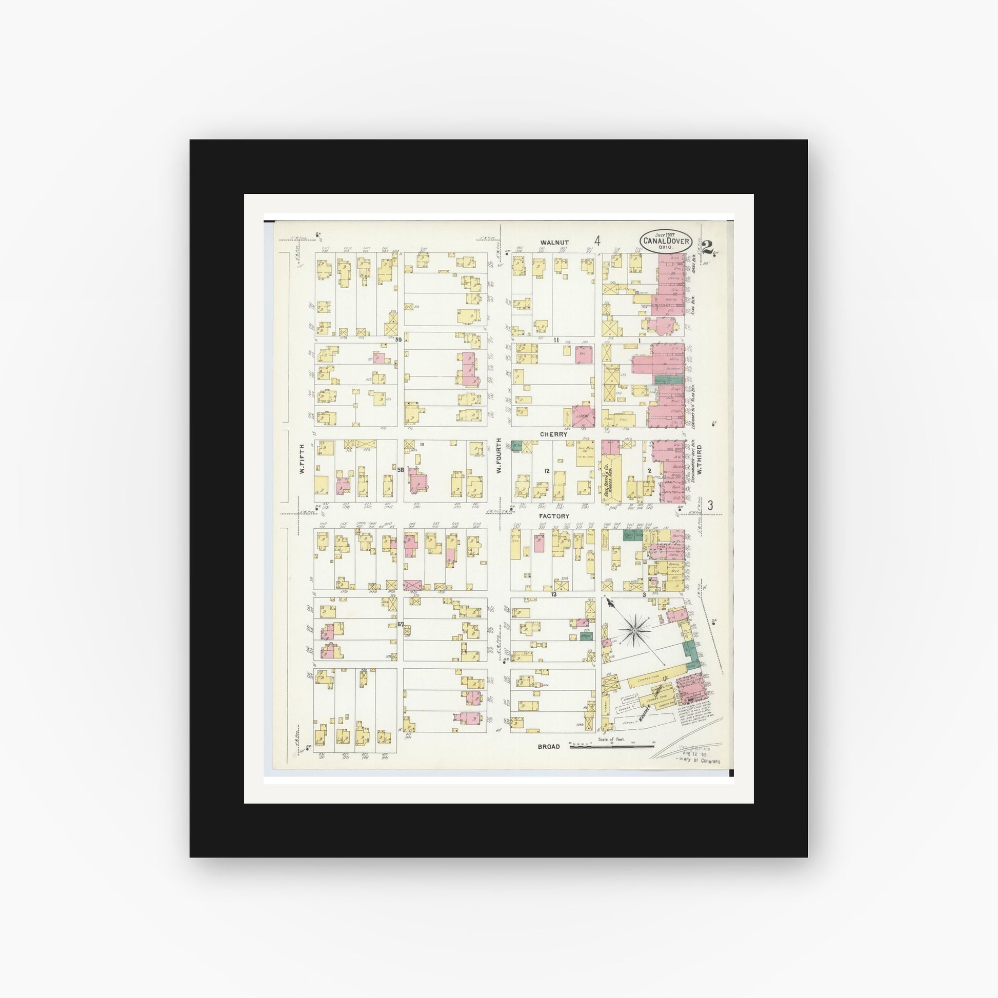 Old map wall art mockup — black gallery frame with white mat — Sanborn Fire Insurance Map from Canal Dover, Tuscarawas County, Ohio (1907), Sheet #0002