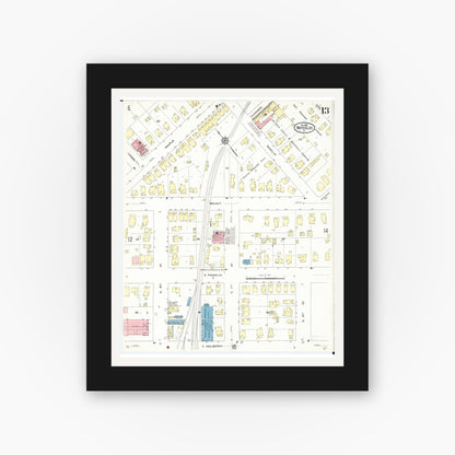 Old map wall art mockup — black gallery frame with white mat — Sanborn Fire Insurance Map from Waterloo, Black Hawk County, Iowa (1910), Sheet #0013