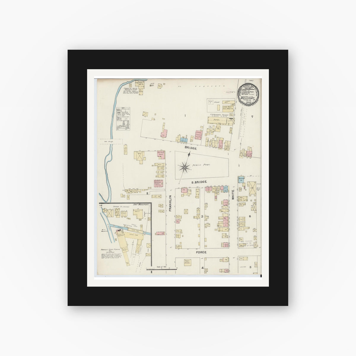 Old map wall art mockup — black gallery frame with white mat — Sanborn Fire Insurance Map from Weissport, Carbon County, Pennsylvania (1891), Sheet #0001