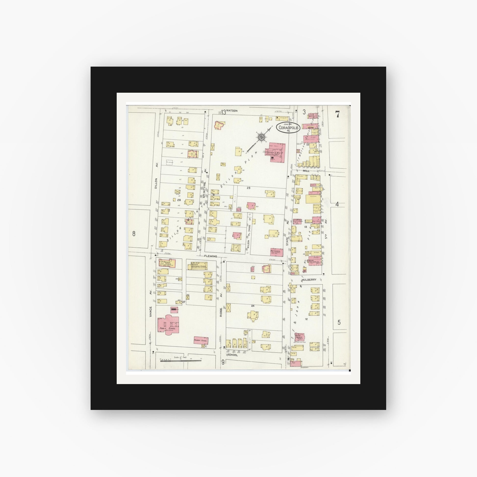 Old map wall art mockup — black gallery frame with white mat — Sanborn Fire Insurance Map from Coraopolis, Allegheny County, Pennsylvania (1911), Sheet #0007