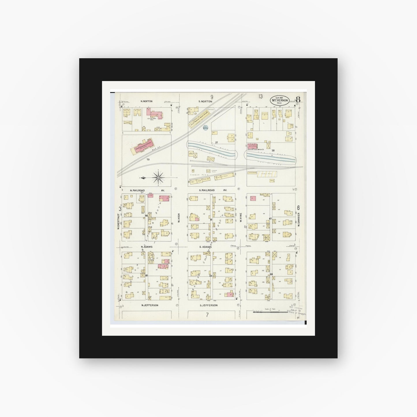 Old map wall art mockup — black gallery frame with white mat — Sanborn Fire Insurance Map from Mount Vernon, Knox County, Ohio (1907), Sheet #0008