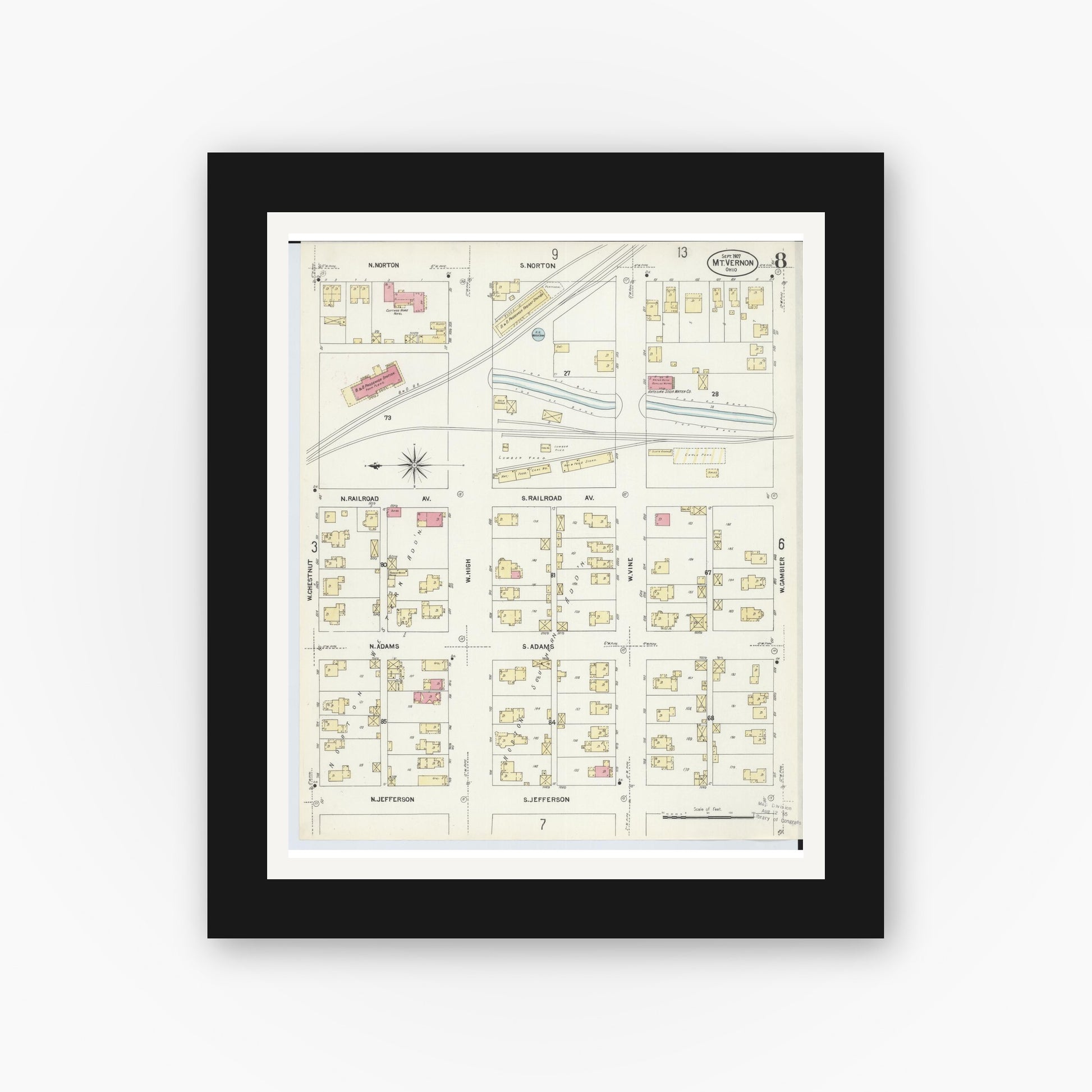Old map wall art mockup — black gallery frame with white mat — Sanborn Fire Insurance Map from Mount Vernon, Knox County, Ohio (1907), Sheet #0008