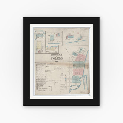 Old map wall art mockup — black gallery frame with white mat — Sanborn Fire Insurance Map from Toledo, Lucas County, Ohio (1868), Sheet #0001