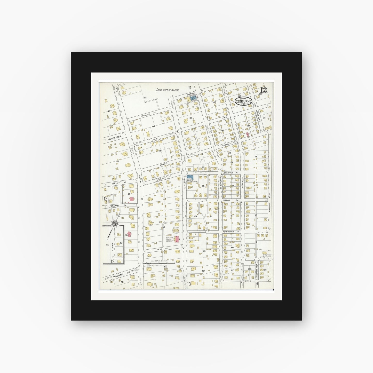 Old map wall art mockup — black gallery frame with white mat — Sanborn Fire Insurance Map from Cleburne, Johnson County, Texas (1918), Sheet #0012