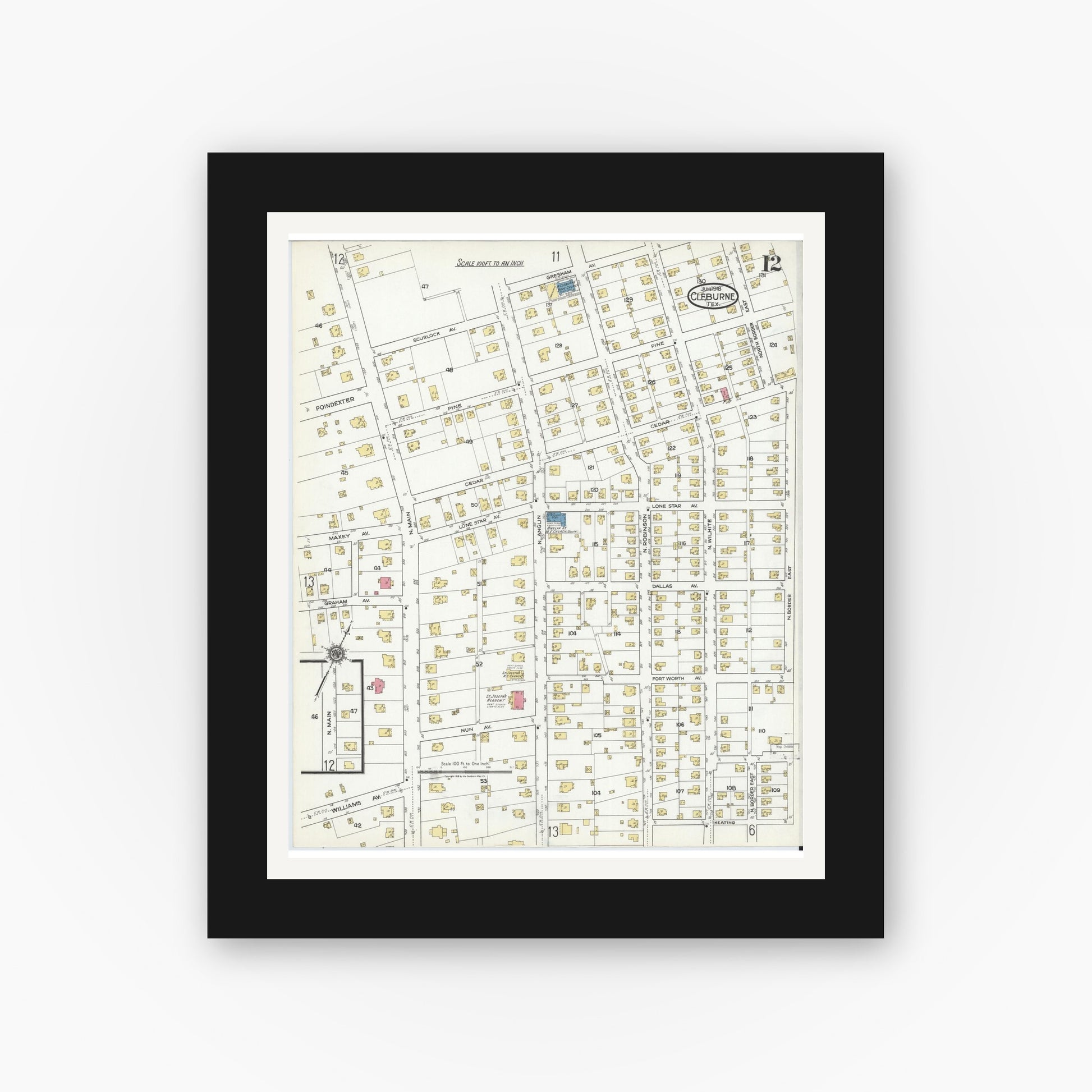Old map wall art mockup — black gallery frame with white mat — Sanborn Fire Insurance Map from Cleburne, Johnson County, Texas (1918), Sheet #0012
