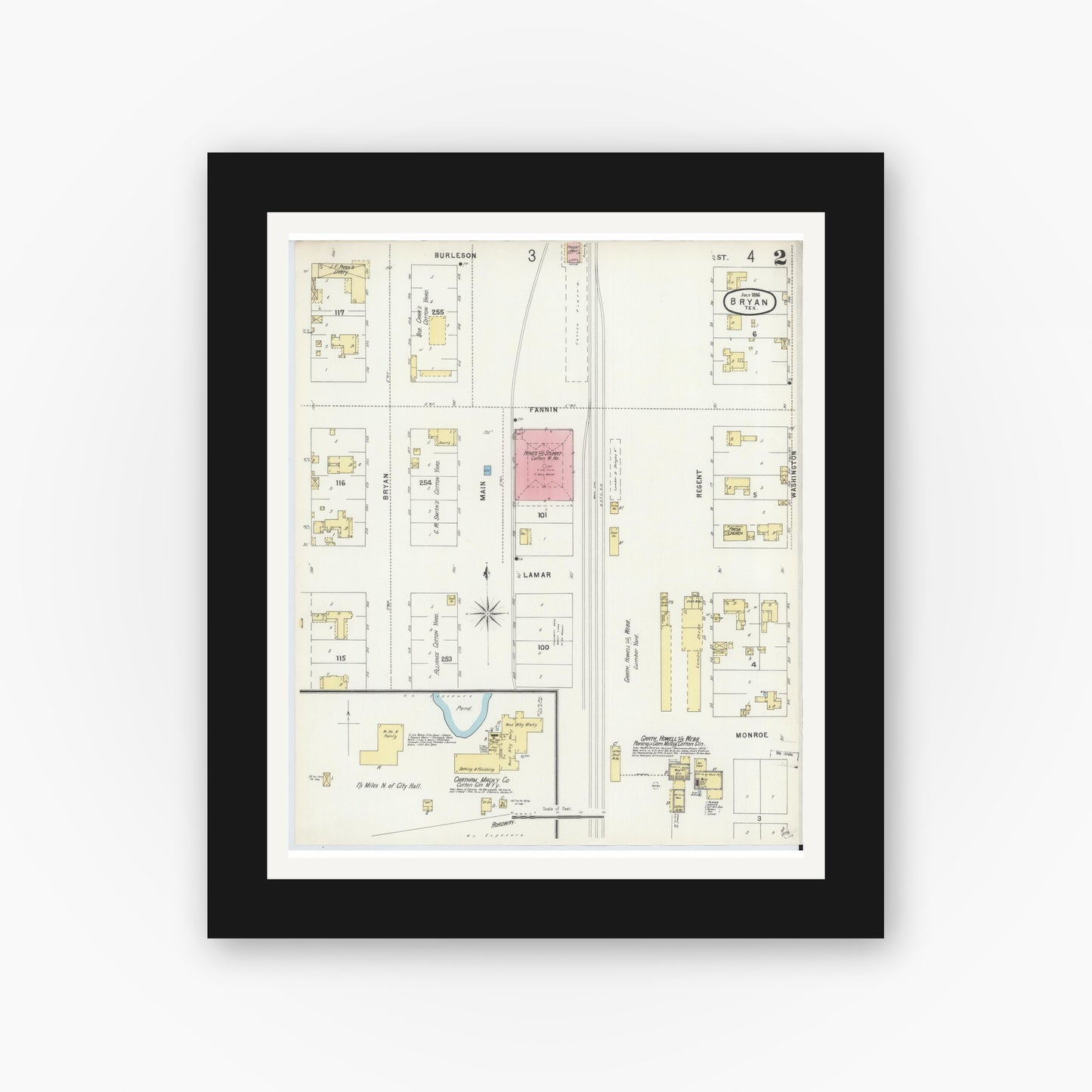 Old map wall art mockup — black gallery frame with white mat — Sanborn Fire Insurance Map from Bryan, Brazos County, Texas (1896), Sheet #0002