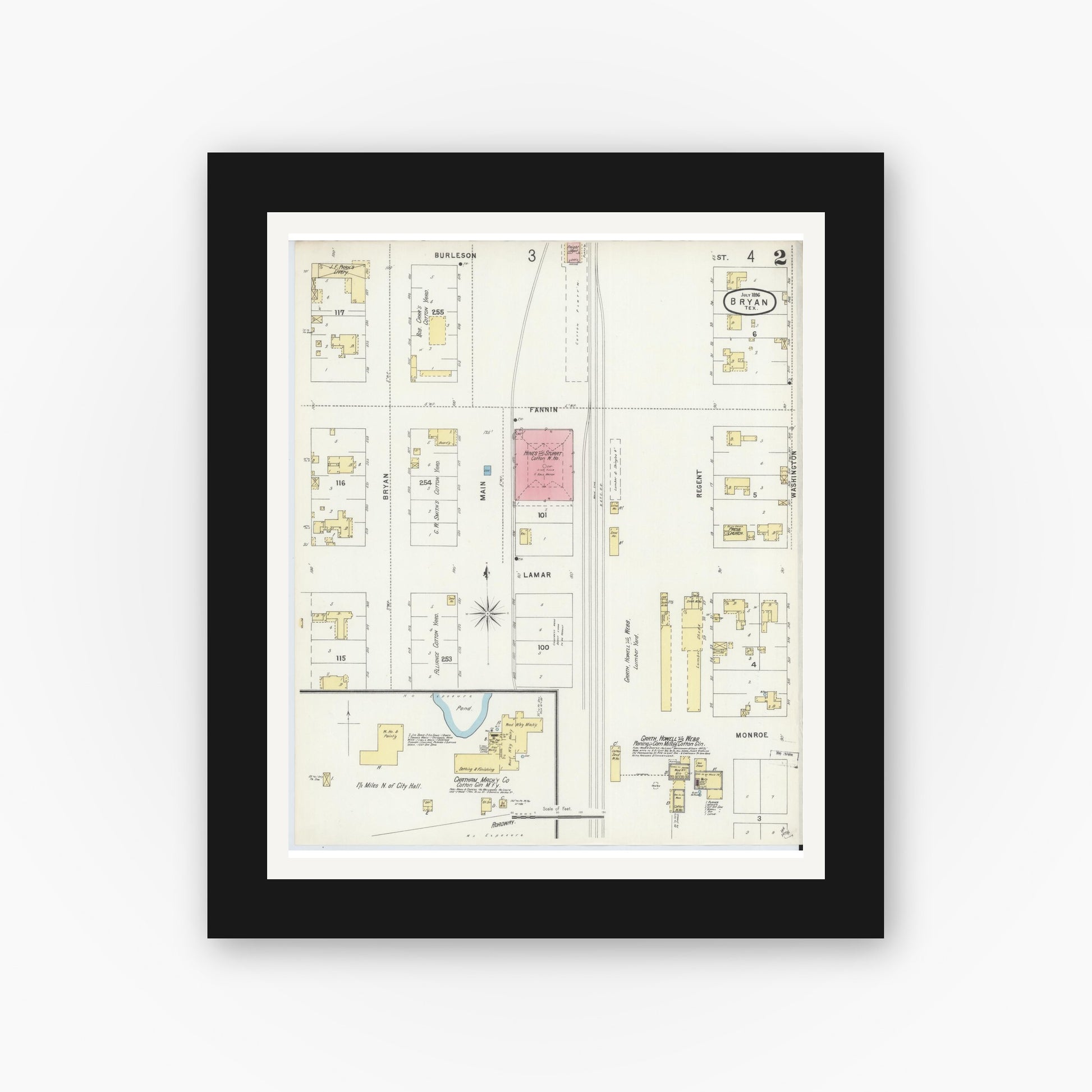 Old map wall art mockup — black gallery frame with white mat — Sanborn Fire Insurance Map from Bryan, Brazos County, Texas (1896), Sheet #0002
