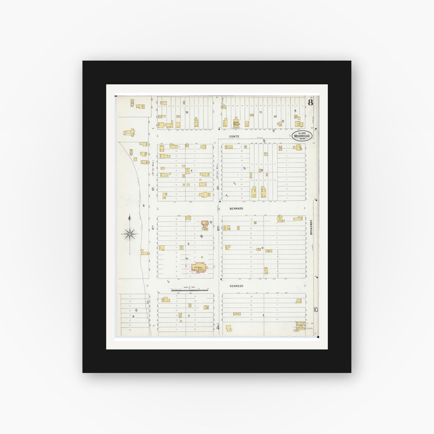 Old map wall art mockup — black gallery frame with white mat — Sanborn Fire Insurance Map from Moorhead, Clay County, Minnesota (1899), Sheet #0008