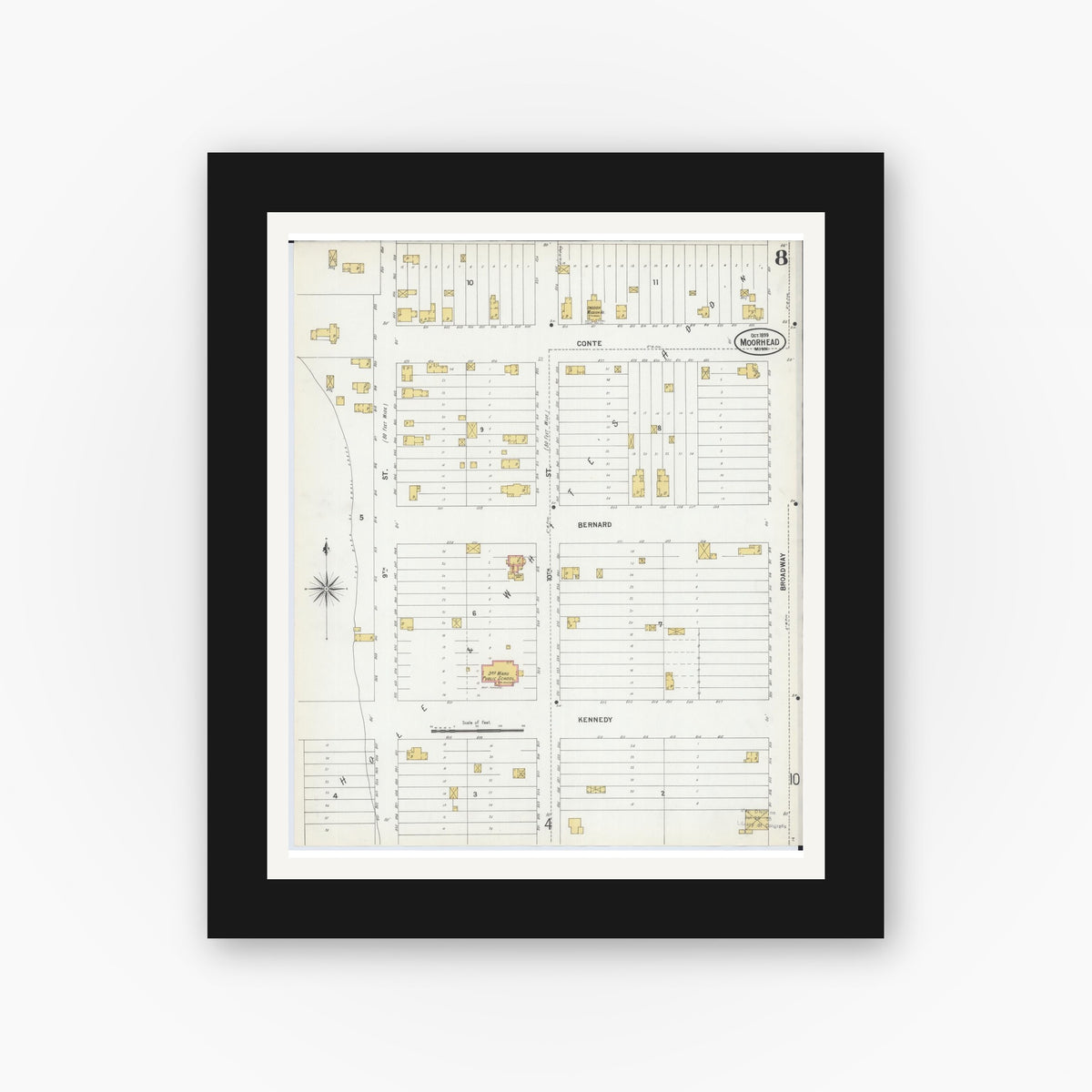 Old map wall art mockup — black gallery frame with white mat — Sanborn Fire Insurance Map from Moorhead, Clay County, Minnesota (1899), Sheet #0008