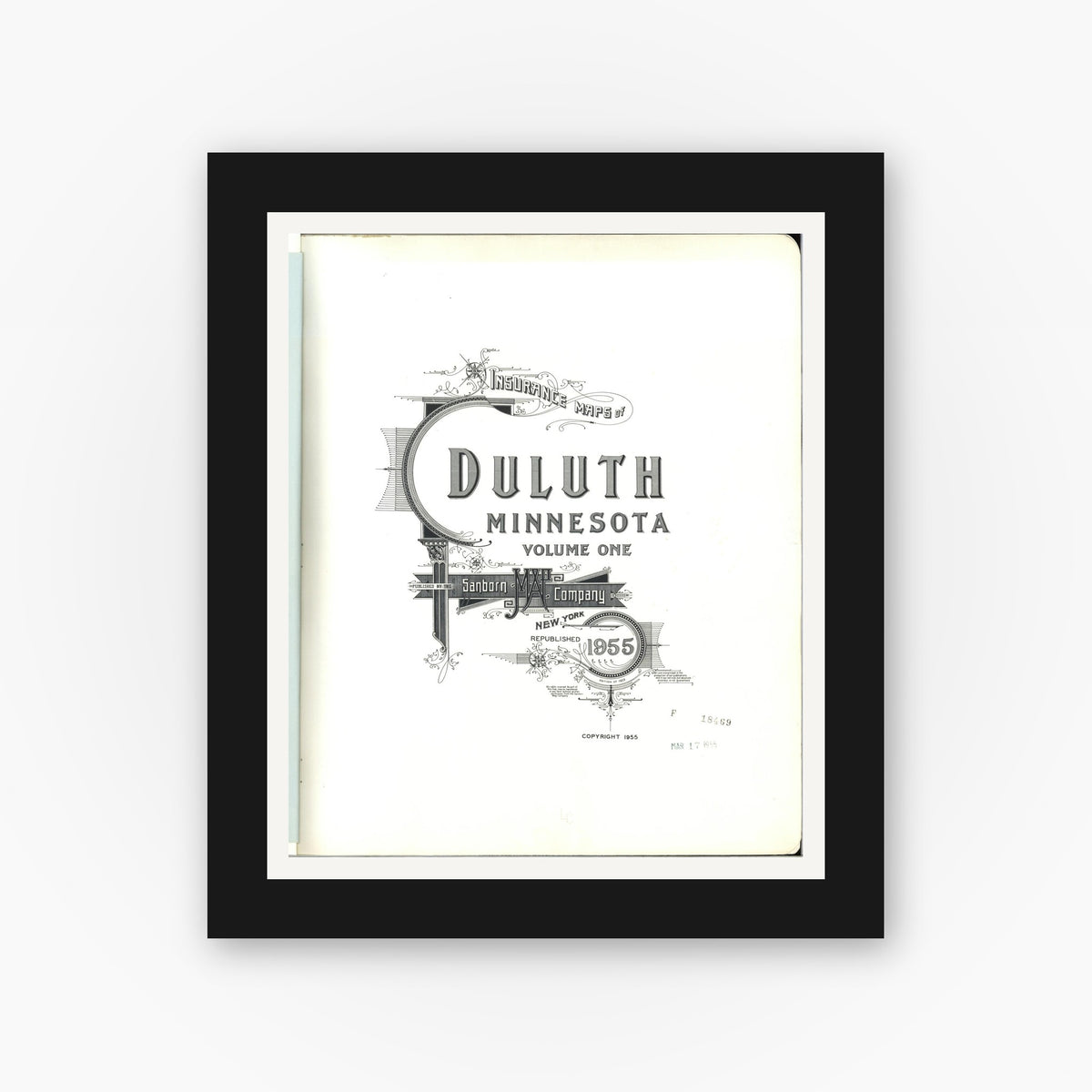 Old map wall art mockup — black gallery frame with white mat — Sanborn Fire Insurance Map from Duluth, Saint Louis County, Minnesota (1955), Sheet #0001
